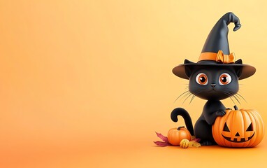 Wall Mural - A cute black cat wearing a witch hat, sitting beside a carved pumpkin on an orange background, perfect for Halloween themes.