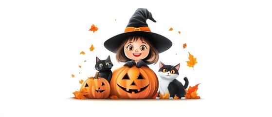 Wall Mural - A cheerful girl in a witch hat surrounded by pumpkins and playful cats, perfect for Halloween-themed designs.