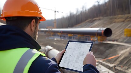 a project manager reviews a detailed construction schedule on a tablet, with a large pipeline constr