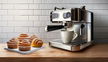 coffee maker machine, coffee maker and coffee machine, coffee maker on the stove, breakfast with coffee and croissant, A close-up of a stainless steel espresso machine on a wooden counter, alongside s