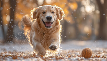 Canvas Print - Cute puppy playing in the snow, joyful retriever generated by AI