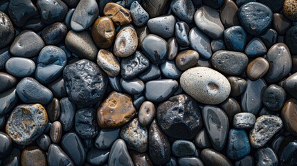 Smooth round pebbles texture background. Pebble sea beach close-up, dark wet pebble and gray dry pebble. High quality photo , ai