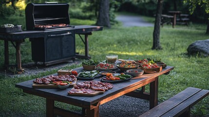 Wall Mural - A picnic table full of fresh food and a grill in the background.