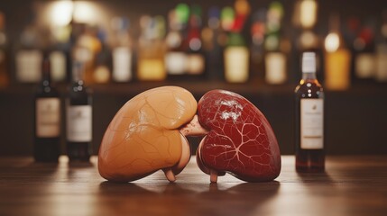 Two human kidneys on a bar counter next to a bottle of liquor and wine bottles, representing the effects of alcohol on the kidneys.