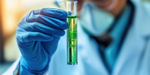 scientist holding test tube with green liquid, laboratory setting, gloved hands, close-up, biochemistry experiment, scientific research, soft focus background, vibrant colors