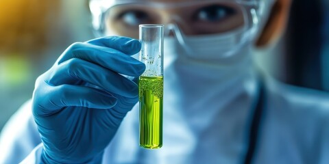 scientist holding test tube with green liquid, laboratory setting, gloved hands, close-up, biochemistry experiment, scientific research, soft focus background, vibrant colors