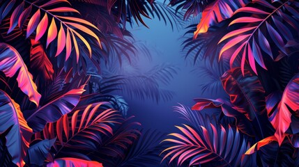 Wall Mural - An intricate neon frame surrounds a vibrant tropical landscape, with neon palm leaves creating a dramatic and eye-catching effect.