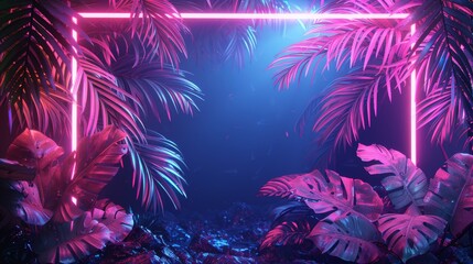 Wall Mural - A neon frame outlines a tropical oasis, with neon palm leaves shimmering in the light, adding a magical and ethereal quality to the scene.