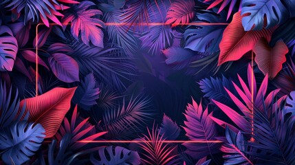 Wall Mural - In this illustration, a neon frame encloses a vibrant rainforest setting, with neon accents highlighting the intricate details of the leaves and foliage.