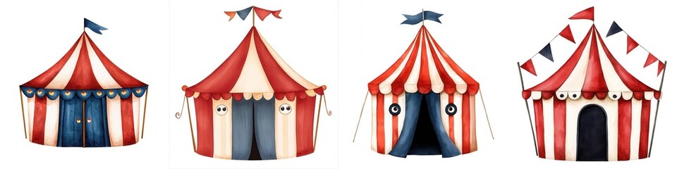 Colorful circus tents with red and white stripes, perfect for festive themes or entertainment-related designs.