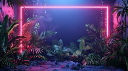 Wall Mural - A bold neon frame encasing a scene of lush tropical vegetation, creating a vibrant contrast between the neon light and the green plants.