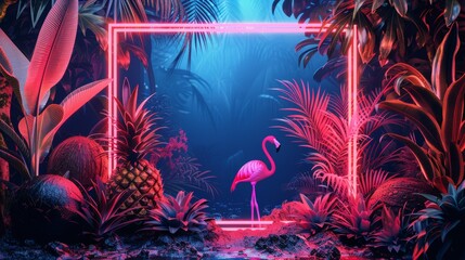 Wall Mural - A creative illustration of a neon frame with a tropical theme, incorporating elements like pineapples, coconuts, and flamingos for a fun and lively design.