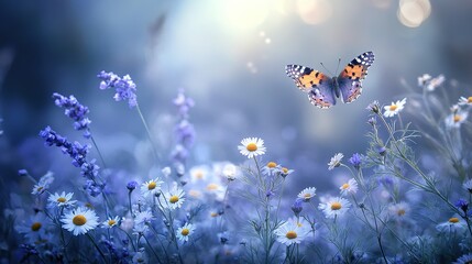 Butterfly Dream: A delicate butterfly dances amidst a field of blooming wildflowers, bathed in the ethereal glow of morning light.