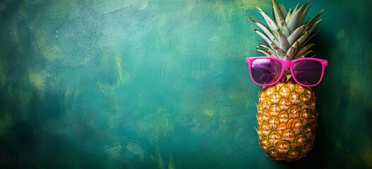 A pineapple wearing sunglasses on a summer background with copy space is a banner concept for summer