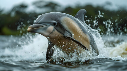 Amazon Tucuxi Dolphin leaping out of the water, creating splashes and dynamic movement