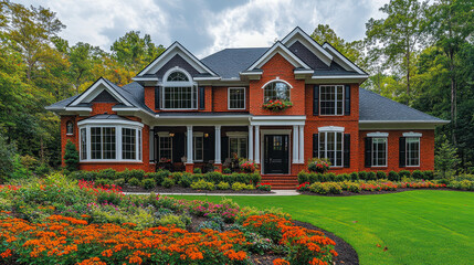 Elegant Three-Story Red Brick Suburban Home with Lush Green Lawn and Colorful Flowers in Georgia Neighborhood