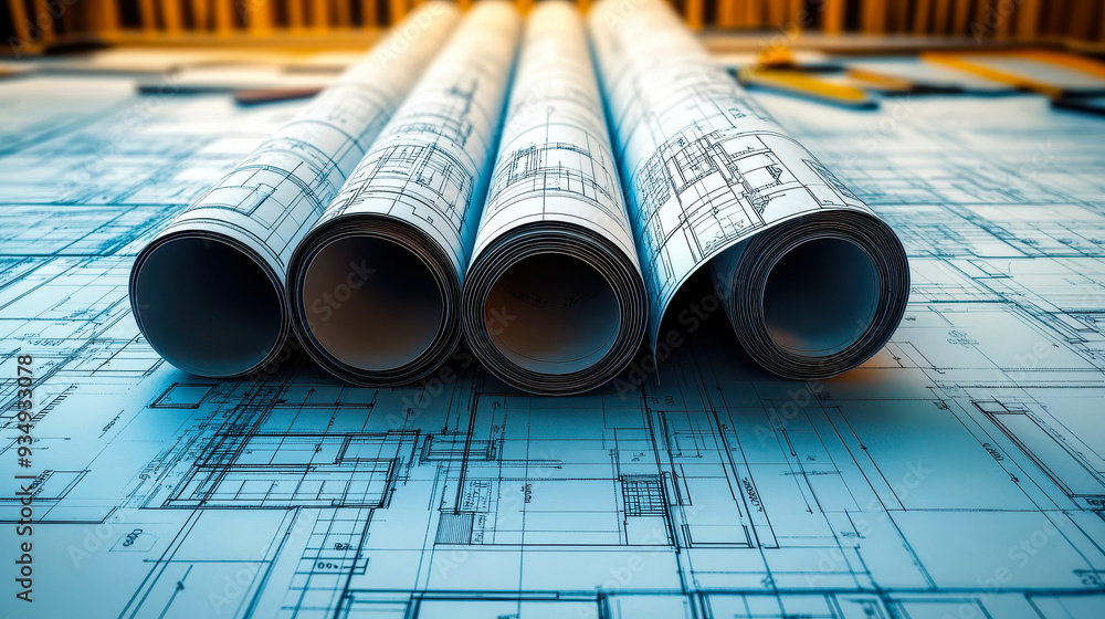 Rolled Architectural Blueprints on Blueprint Paper in an Office Setting ...