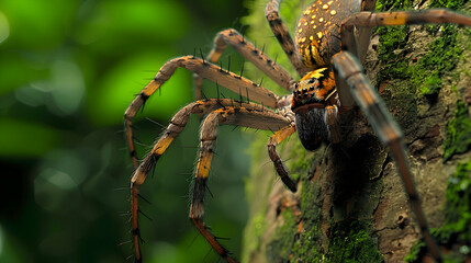 Amazon Whip Spider climbing a tree trunk, its long legs and body visible