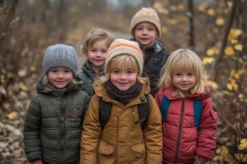 outdoor portrait of five young siblings standing on a trail in a woodland edmonton, alberta, canada,