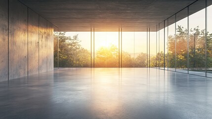 Concrete Minimalism: A vast, empty room bathed in the golden light of a setting sun, showcasing sleek concrete walls and expansive glass windows overlooking a verdant landscape.  