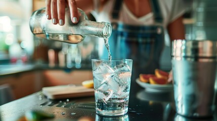 Wall Mural - A beautiful young woman mixing soda from a can into wine glasses to make a cocktail drink in the kitchen for a large group of people at her home.