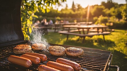 Wall Mural - Close-up of a grill with hot dogs and hamburger patties cooking on it, with a picnic table and people in the blurry background.