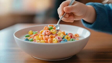 A child is eating a bowl of colorful cereal with a spoon