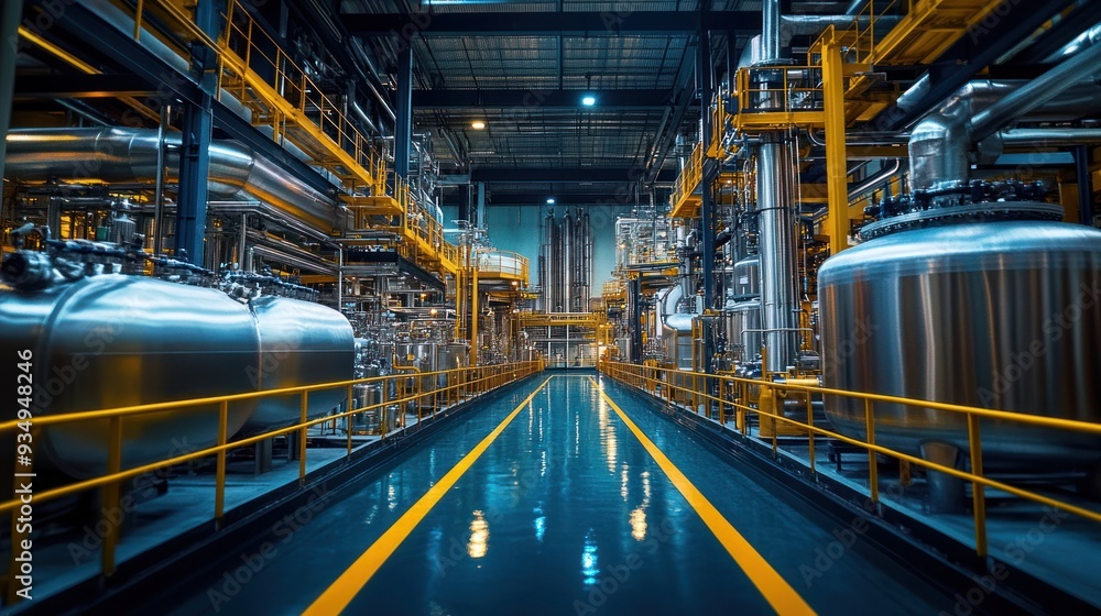 The interior of a fully operational chemical plant, featuring high-tech ...