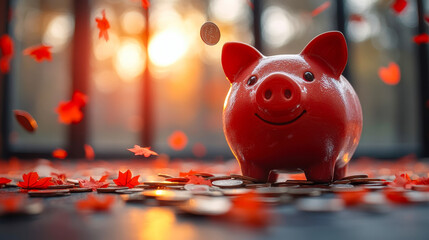 Red Piggy Bank with Coins and Autumn Leaves Falling Indoors at Sunset - Savings, Investment, Winning Lucky Pig Concept