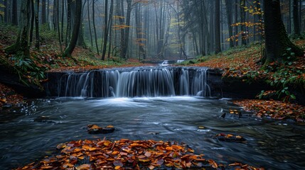 Wall Mural - autumn waterfall surrounded by colorful leaves in a serene forest during a misty morning