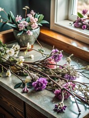 bunch of flowers on wooden background