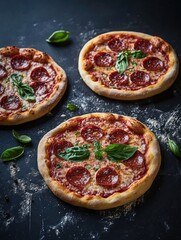 Canvas Print - Three pepperoni pizzas on table