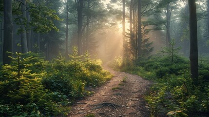 Wall Mural - sunlight filters through trees along a winding path in a tranquil forest during early morning hours