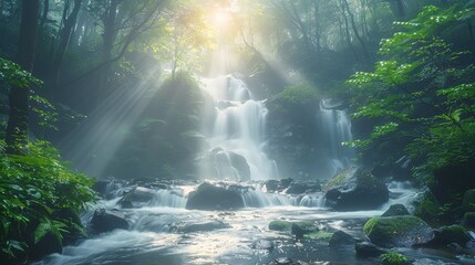Wall Mural - waterfall cascading through lush greenery in a misty forest during morning light