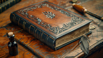 A detailed close-up of a vintage leather-bound book with intricate embossing on the cover, 