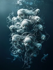 A group of mermaids with eerie, glowing eyes swims in the dark ocean, surrounded by Halloween-themed underwater creatures like ghostly fish and eerie seaweed. The image offers plenty of copy space.