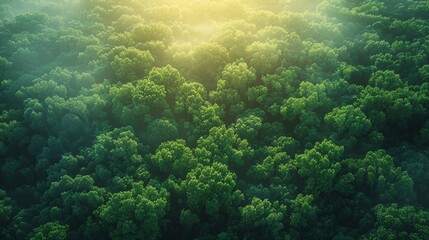 Wall Mural - aerial view of a lush green forest bathed in golden morning light