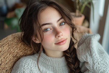 Wall Mural - Young woman with loose braid in cozy indoor setting