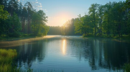 Wall Mural - dawn breaks over a tranquil lake surrounded by lush trees in a serene landscape