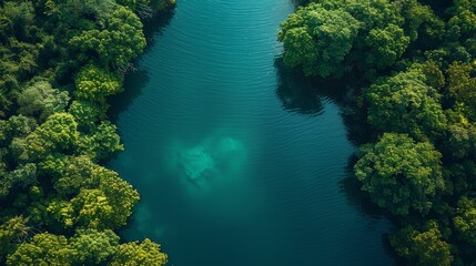 Wall Mural - aerial view of a tranquil river surrounded by lush greenery in a tropical rainforest