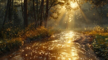 Wall Mural - sunlight filters through trees over a serene forest stream at dawn