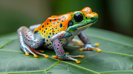 Wall Mural - Amazonian Milk Frog sitting on a large leaf, its vibrant colors standing out against the green,