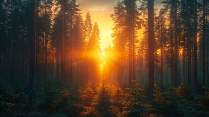 Wall Mural - sunset filtering through tall trees in a dense forest during twilight