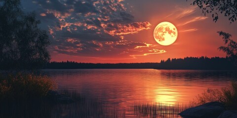 Wall Mural - full moon rising over serene lake
