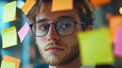 Wall Mural - Man examining sticky notes