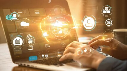 A person using a laptop with digital interface, symbols, and connections representing technology and communication.