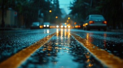 Wall Mural - Rainy night in the big city, the headlights of the approaching car. Close up view from the asphalt level,dividing line,by streetlights, reflections of city lights on rain-covered road,night time.