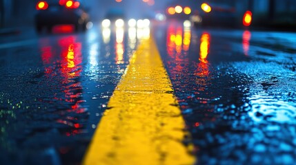 Wall Mural - Rainy night in the big city, the headlights of the approaching car. Close up view from the asphalt level,dividing line,by streetlights, reflections of city lights on rain-covered road,night time.