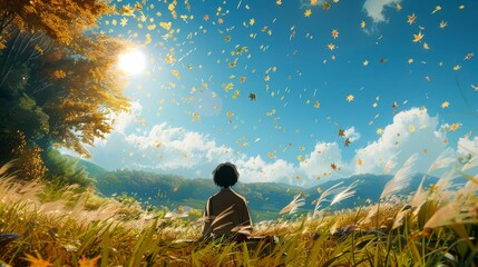 a lone figure sits amongst tall grass with falling leaves and a blue sky.