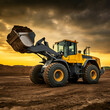 © Iskandar - Bulldozer or loader moves the earth at the construction site against the sunset sky. Contrasting image of a modern loader or bulldozer. Construction heavy equipment for earthworks